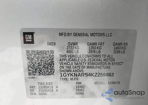 2019 Cadillac Xt5 Standard из США, поврежденный, VIN 1GYKNARS4KZ259863